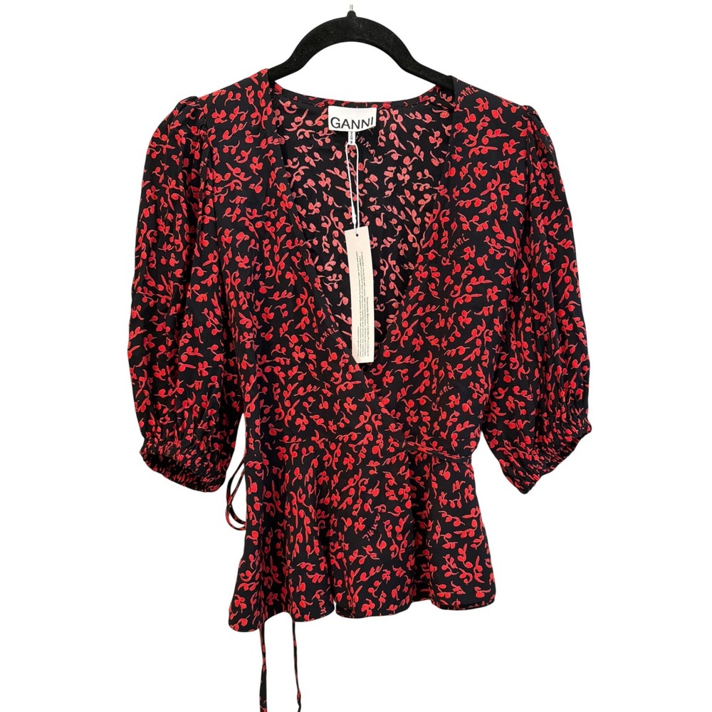 Ganni Red Black Floral Wrap Top Puff Sleeve V-Neck Blouse Size 34